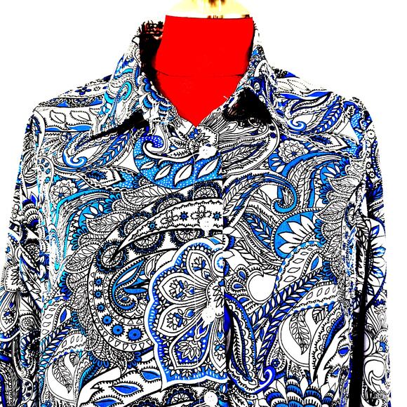 Long Sleeve blue white black paisley blouse shirt top M classic button front - Picture 3 of 8